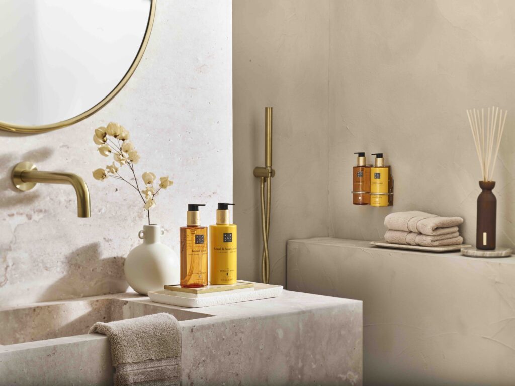 Luxury Rituals and Spa Collection hotel cosmetics displayed in a modern bathroom - Bay West Caribbean