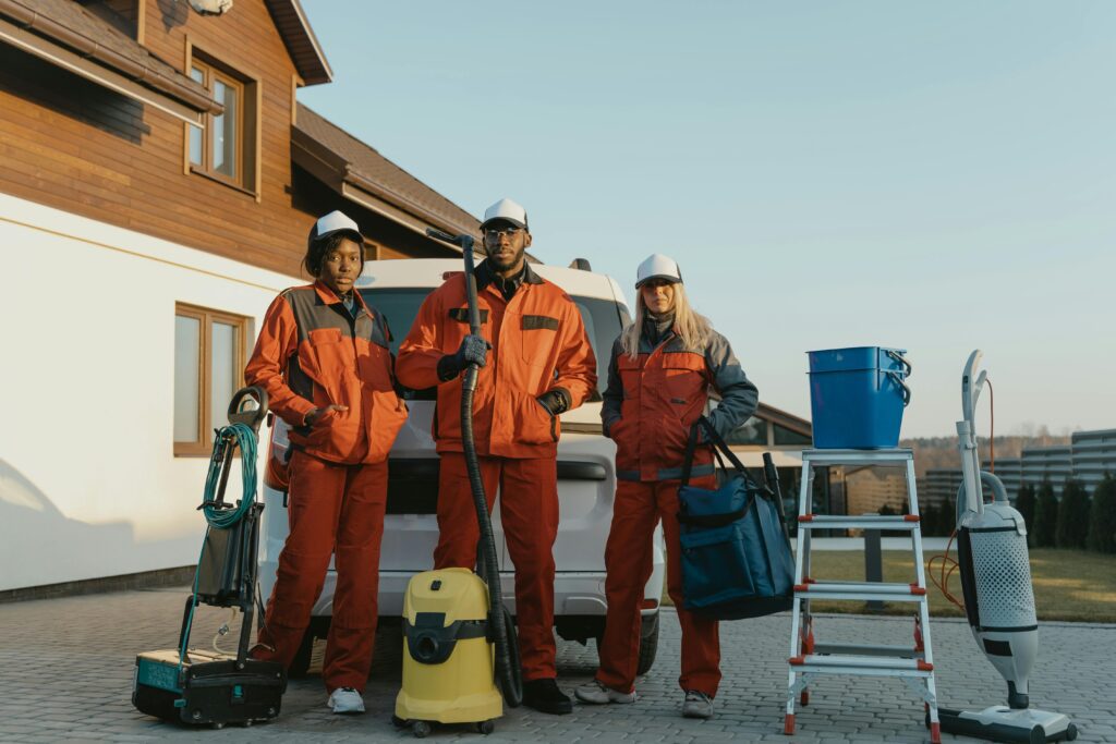 Professional cleaning team equipped with high-quality cleaning tools and equipment, showcasing Bay West Caribbean's product offerings for commercial facilities.