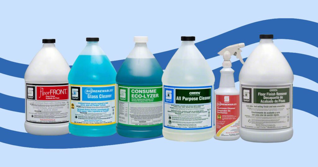 Spartan cleaning products displayed on a blue background, including floor cleaners, glass cleaners, all-purpose cleaners, and eco-friendly solutions.