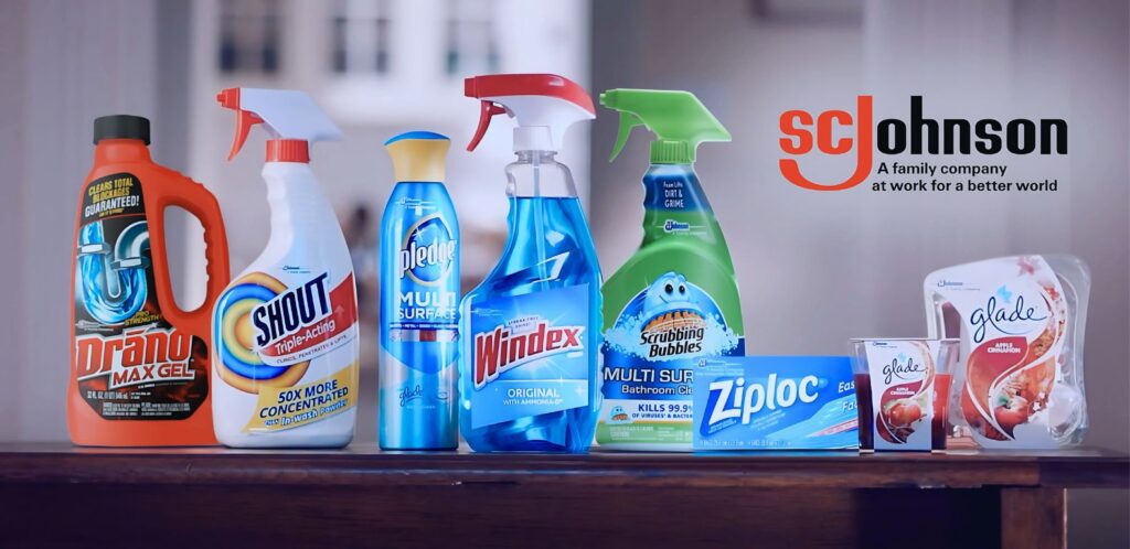 SC Johnson cleaning products displayed in a commercial setting