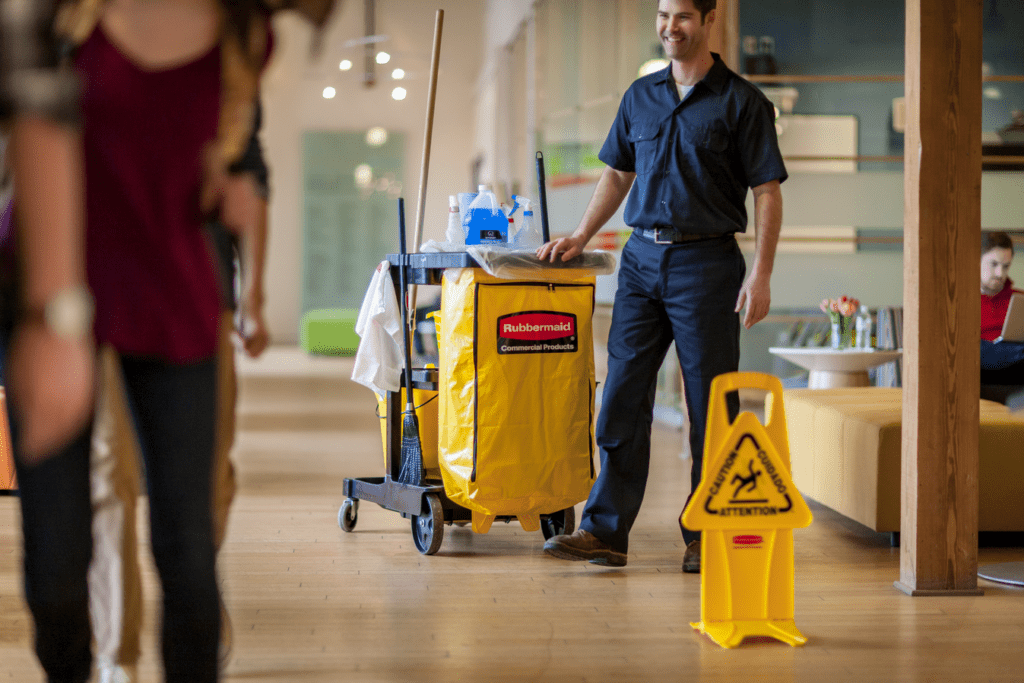 Rubbermaid Commercial Cleaning Cart in Use at a Professional Setting